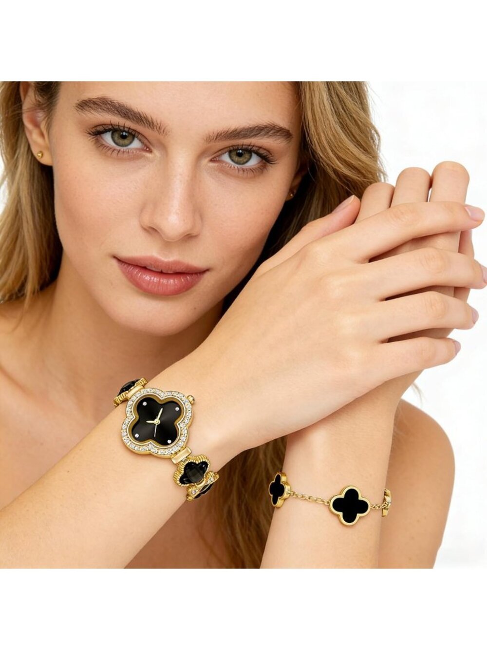 Women's Black Gold Lucky Clover Flower Design Four Leaf Bracelet Set Wrist Watch - Picture 6 of 7